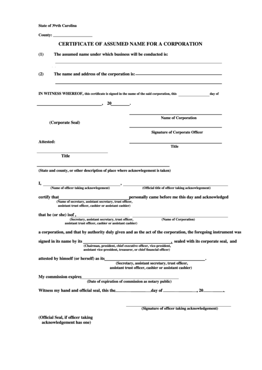 Certificate Of Assumed Name For A Corporation Form Printable pdf