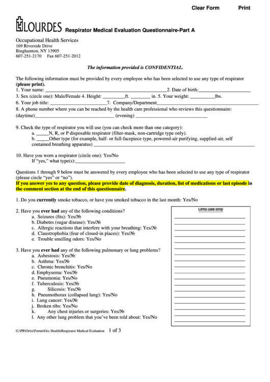 Fillable Respirator Medical Evaluation Questionnaire-Part A Form Printable pdf