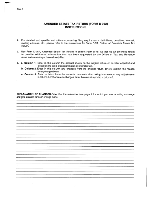 Form D-76a - Amended Estate Tax Return Instructions Printable pdf