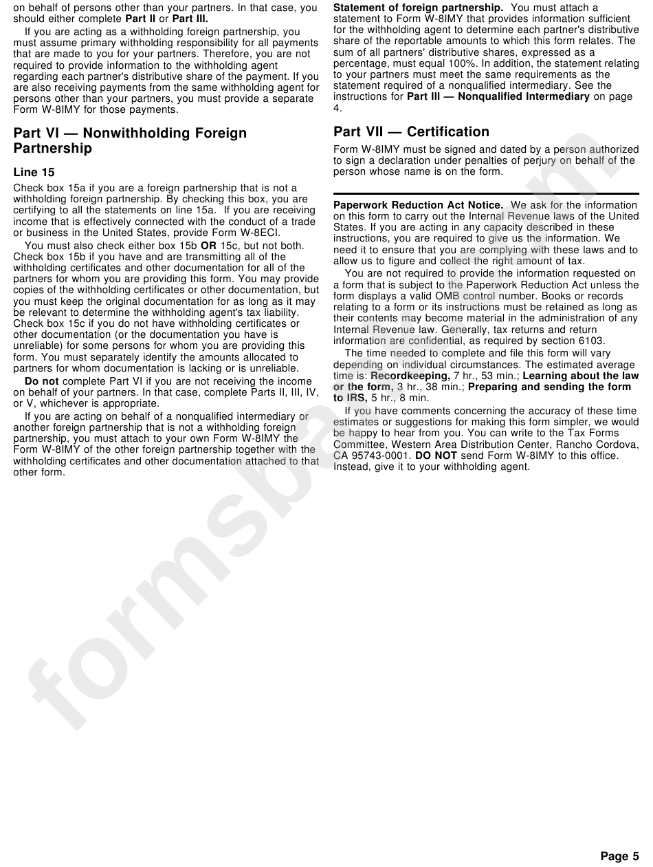 Instructions For Form W-8imy - Certificate Of Foreign Intermediary, Foreign Partnership, Or Certain U.s. Branches For United States Tax Withholding - Internal Revenue Service - 1998