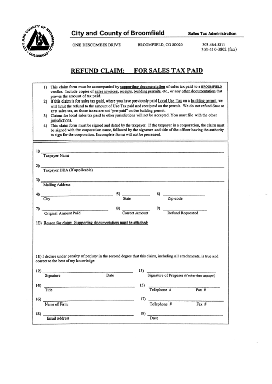 Refund Claim For Sales Tax Paid Printable pdf