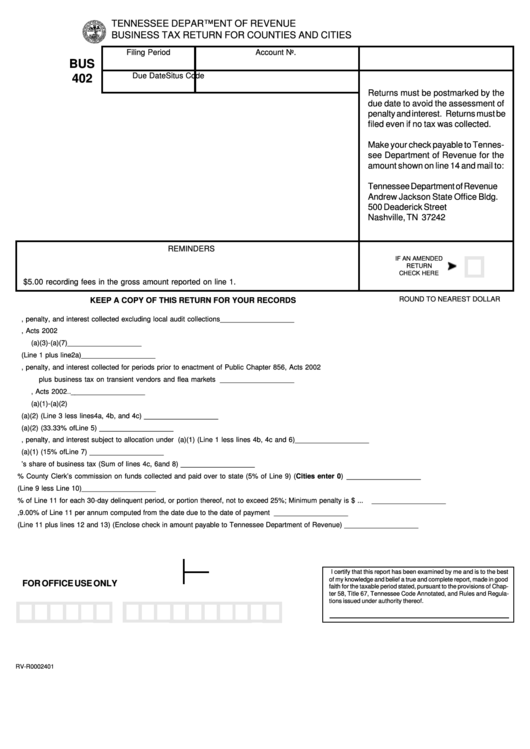 Form Bus 402 - Business Tax Return For Counties And Cities Printable pdf