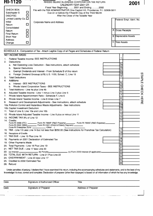 Form Ri-1120 - Business Corporation Tax Return 2001 Printable pdf