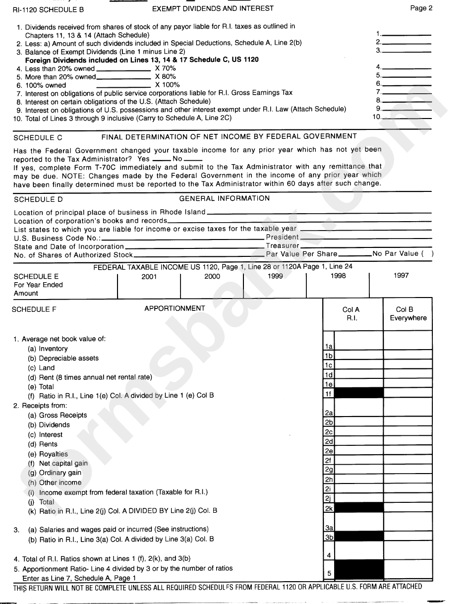 Form Ri-1120 - Business Corporation Tax Return 2001