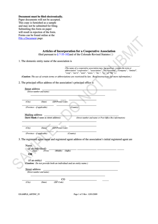 Form Example_artinc_55 - Articles Of Incorporation For A Cooperative Association - 2009 Printable pdf