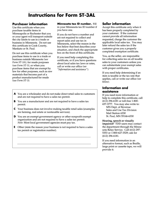 Instructions For Form St-3al - Minnesota Department Of Revenue Printable pdf