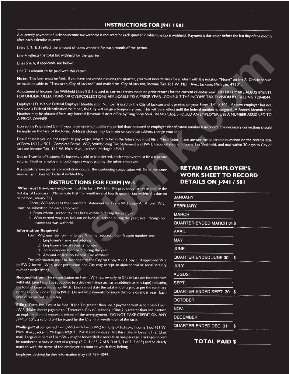 Form J941/501 - Quarterly Income Tax Withheld - Instructions - City Of Jackson