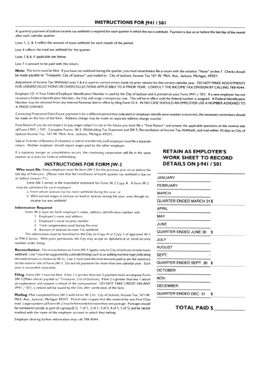 Form J941/501 - Quarterly Income Tax Withheld - Instructions - City Of Jackson Printable pdf