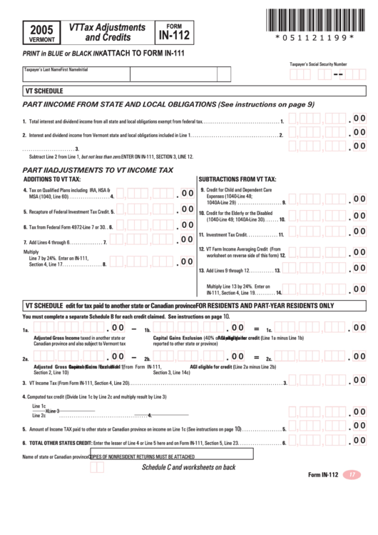 Form In-112 - Vt Tax Adjustments And Credits - 2005 Printable pdf