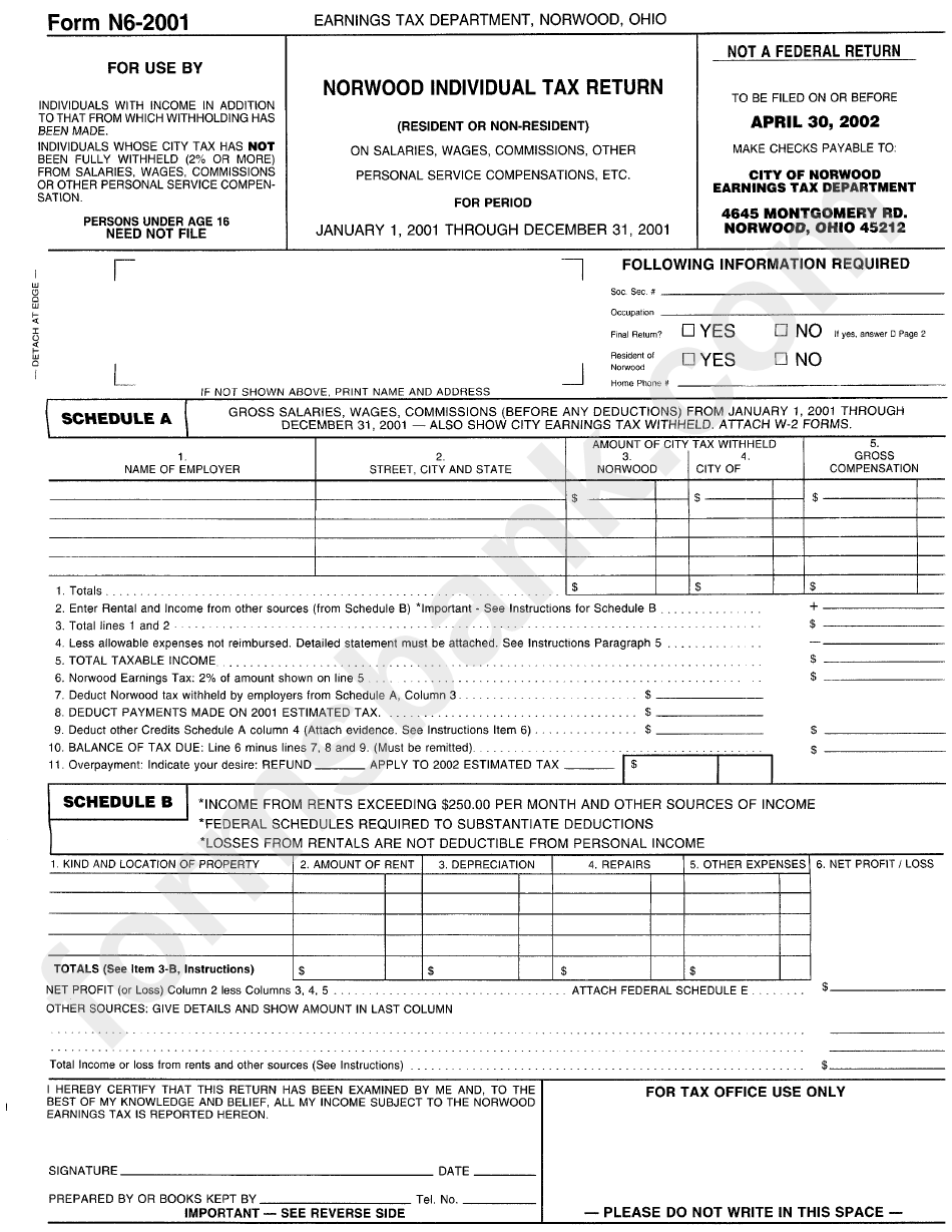 Form N6-2001 - Nowwood Individual Tax Return