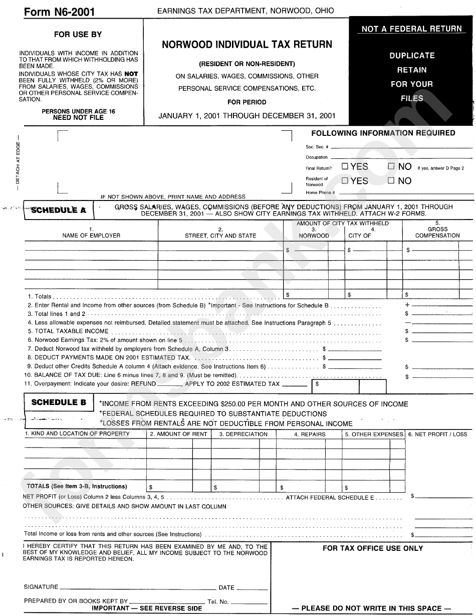 Form N6-2001 - Nowwood Individual Tax Return