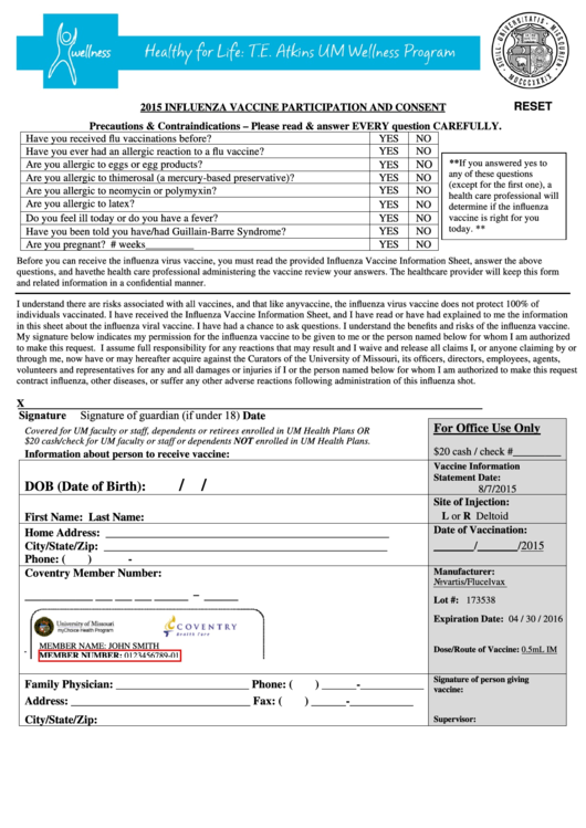 Fillable 2015 Influenza Vaccine Participation And Consent Form Printable pdf