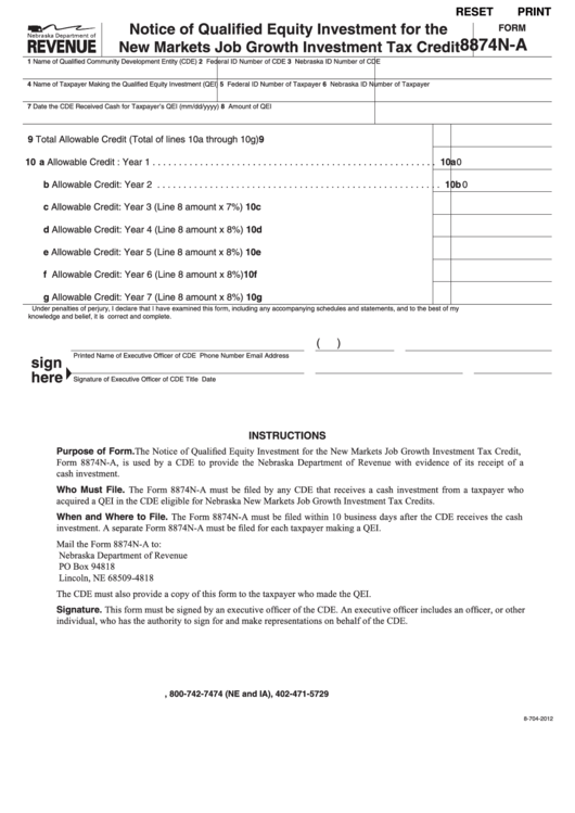 Fillable Form 8874n-A - Notice Of Qualified Equity Investment For The New Markets Job Growth Investment Tax Credit Printable pdf