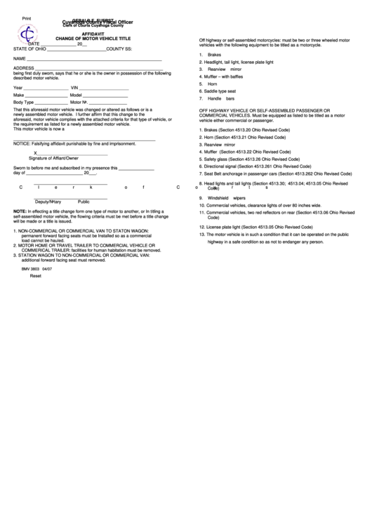 Fillable Affidavit Change Of Motor Vehicle Title Form printable pdf