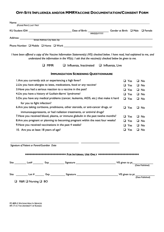 Form Pc-809-3 - Off-site Influenza And/or Mmr Vaccine Documentation/consent Form