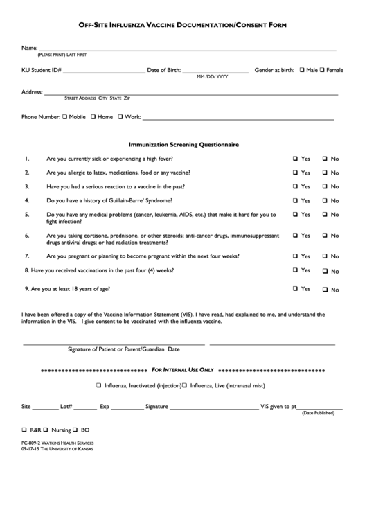 Form Pc-809-2 - Off-Site Influenza Vaccine Documentation/consent Form Printable pdf