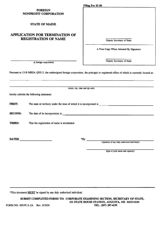 Form Mnpca-2a - Application For Termination Of Registration Of Name Printable pdf