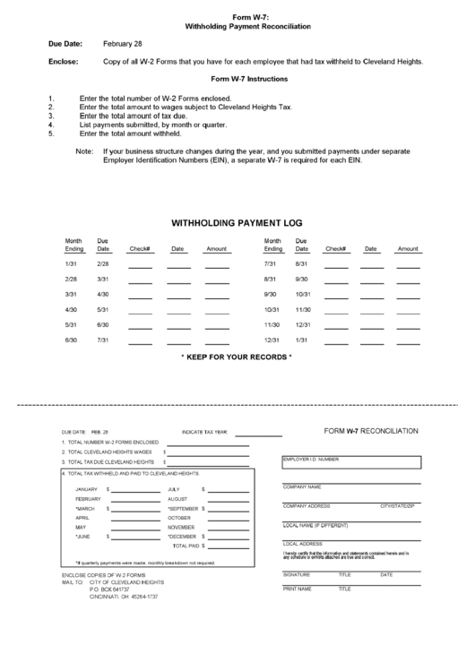 Form W-7 - Withholding Payment Reconciliation Printable pdf