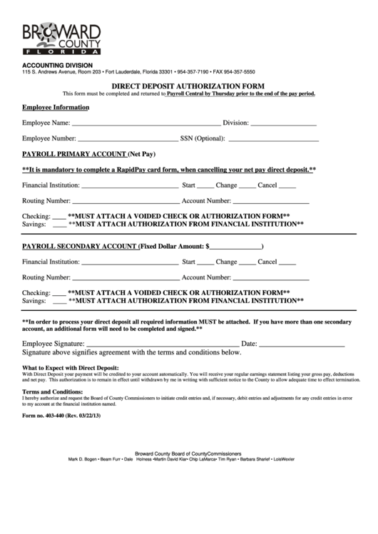 Fillable Form 403-440 - Direct Deposit Authorization Form Printable pdf