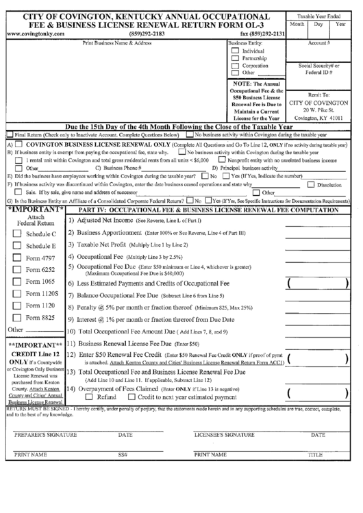 City Of Covington Fee & Business License Renewal Return Form Ol-3 Printable pdf