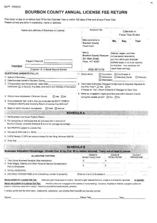 Bcpt - Form 02 - Bourbon County Annual License Fee Return Printable pdf