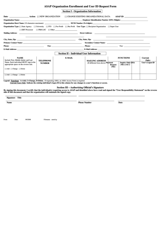 Asap Organization Enrollment And User Id Request Form Printable pdf