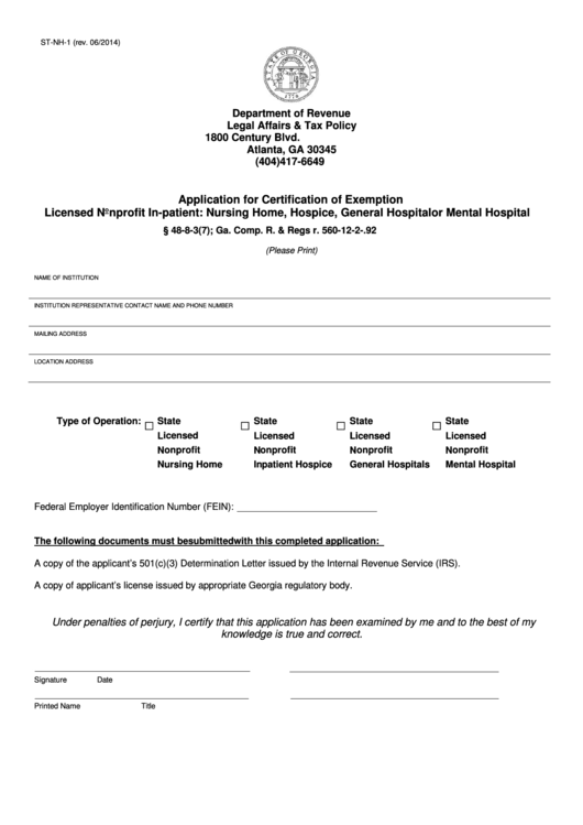 Fillable Form St-Nh-1 - Application For Certification Of Exemption Licensed Nonprofit In-Patient: Nursing Home, Hospice, General Hospital Or Mental Hospital Printable pdf