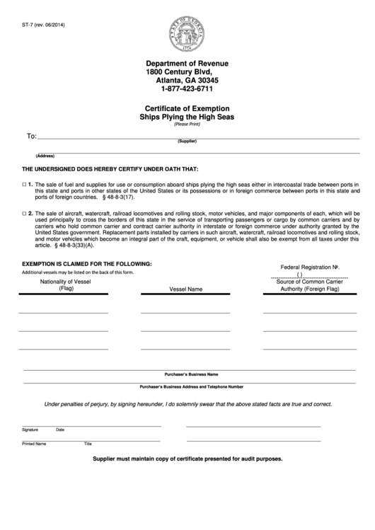 Fillable Form St-7 - Certificate Of Exemption Ships Plying The High Seas Printable pdf