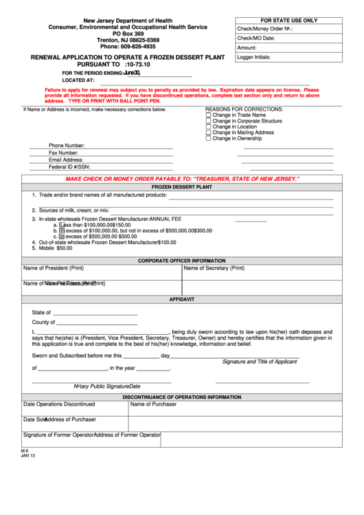 Form M-6 - Renewal Application To Operate A Frozen Dessert Plant Printable pdf