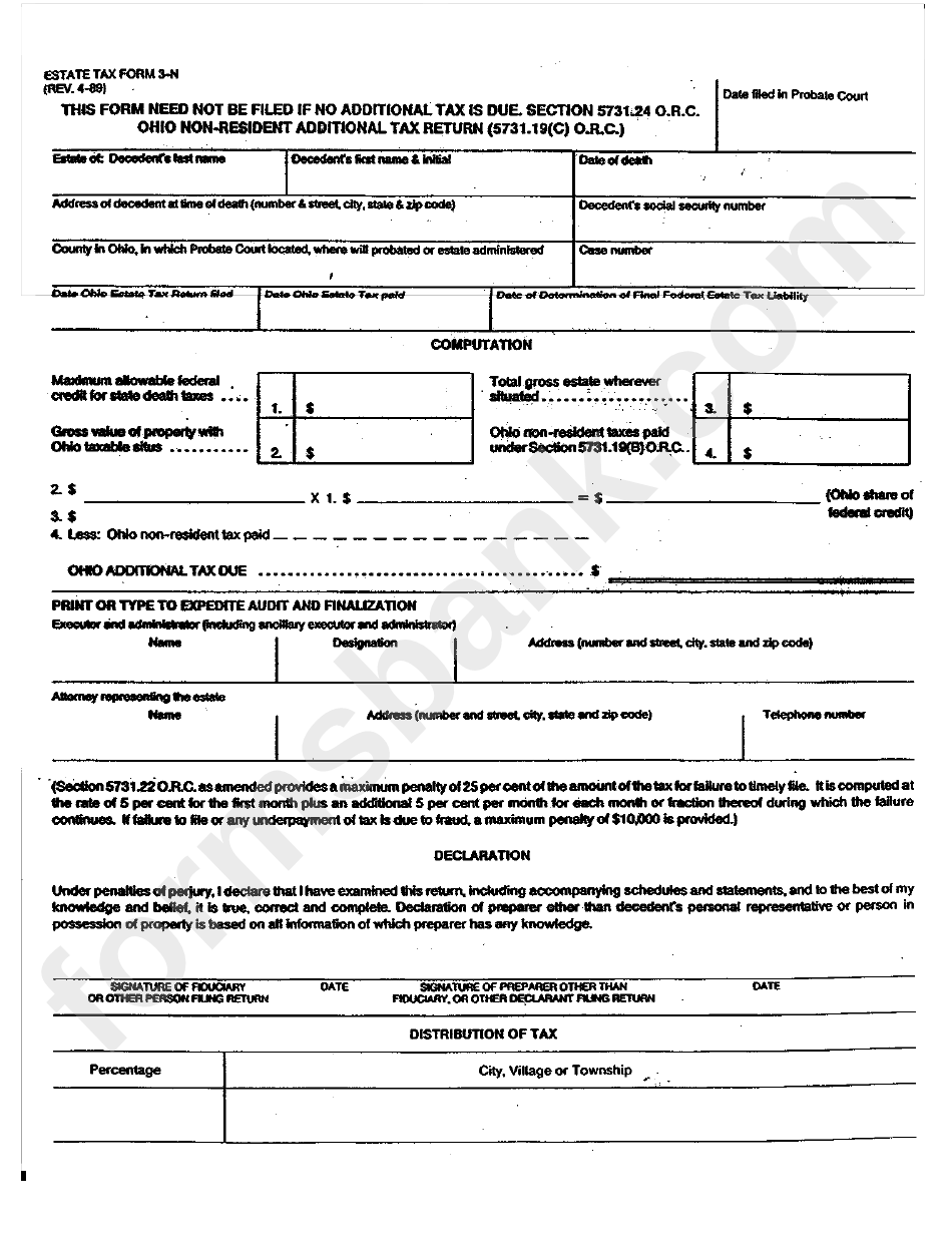 Form 3-N - Estate Tax Form Non-Resident Additional Tax Return
