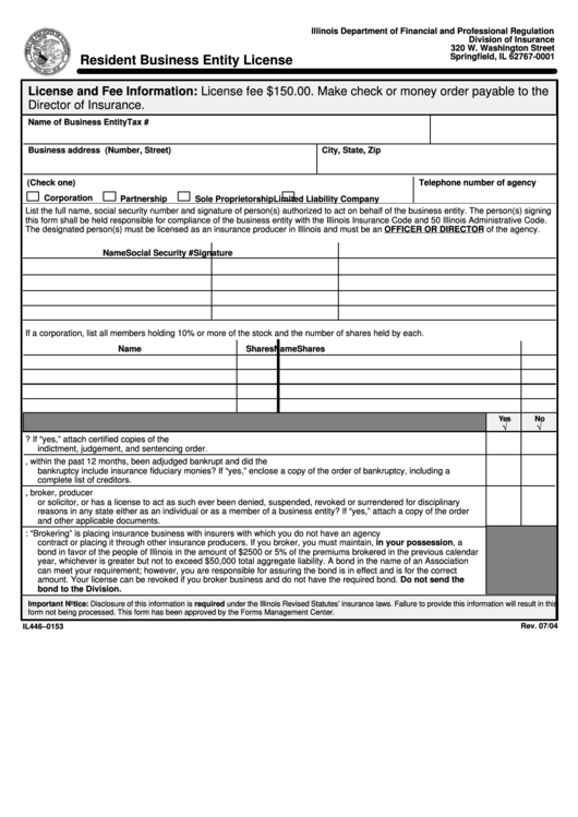 Fillable Form Il446-0153 - Resident Business Entity License Printable pdf
