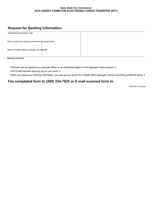Ach Credit Form For Electronic Funds Transfer - Request For Banking Information Printable pdf