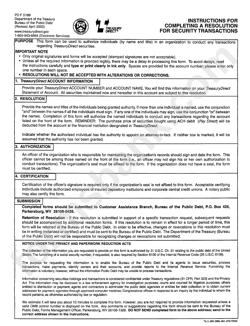 Form Pd F 5189 - Instructions For Completing A Resolution For Security Transactions