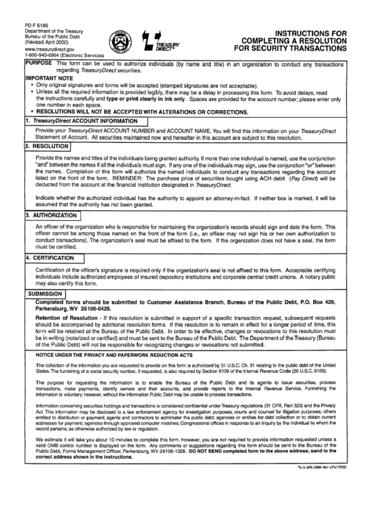 Form Pd F 5189 - Instructions For Completing A Resolution For Security Transactions Printable pdf