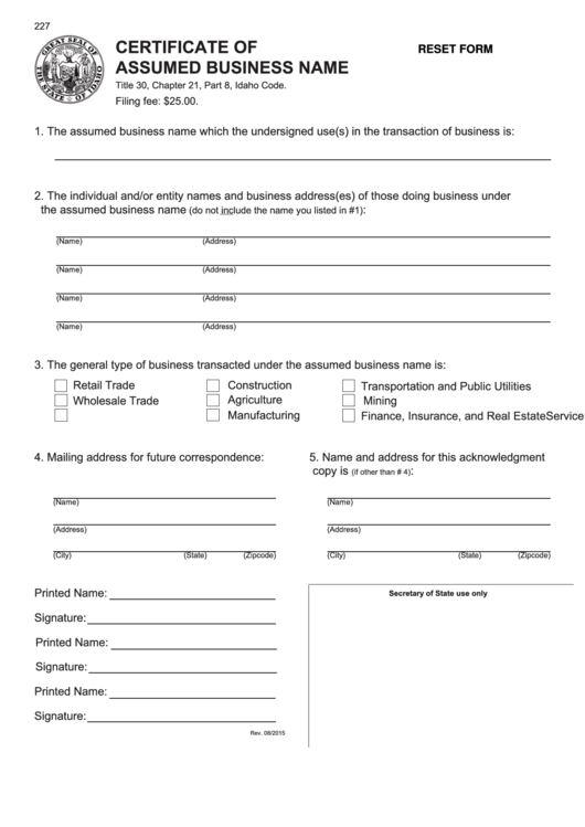 Fillable Certificate Of Assumed Business Name Form Printable pdf