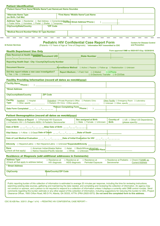 Form Cdc 50.42b - Pediatric Hiv Confidential Case Report Form Printable pdf
