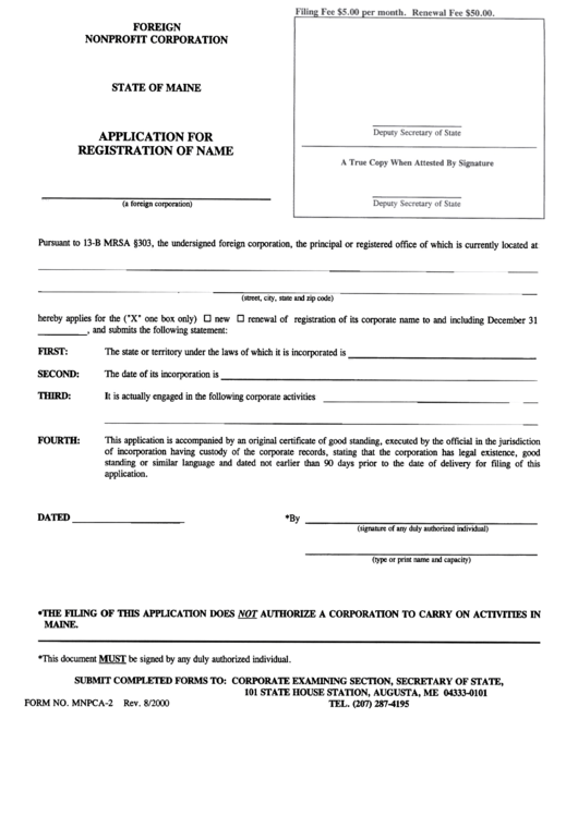 Form Mnpca-2 - Application For Registration Of Name Printable pdf