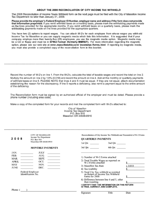 Reconciliation Of City Income Tax Withheld Form - 2008 Printable pdf