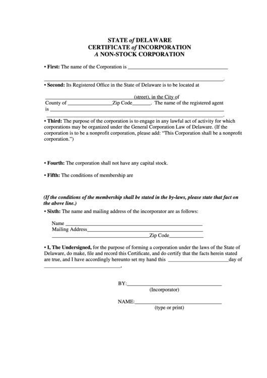 Fillable Certificate Of Incorporation Non-Stock Corporation Form Printable pdf