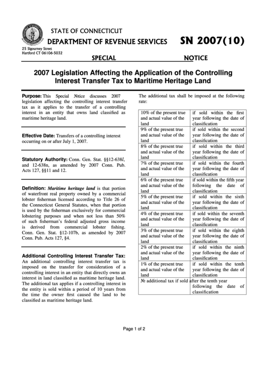 Form Sn 2007(10) - 2007 Legislation Affecting The Application Of The Controlling Interest Transfer Tax To Maritime Heritage Land Printable pdf