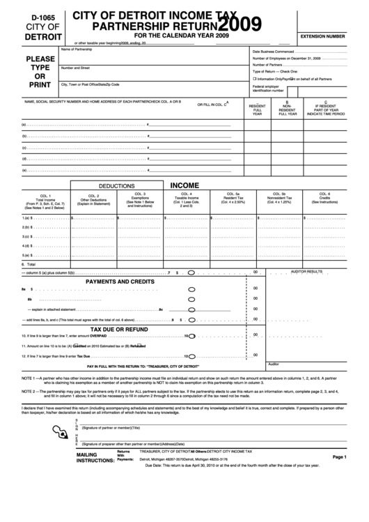 Fillable Form D-1065 - City Of Detroit Income Tax Partnership Return - 2009 Printable pdf