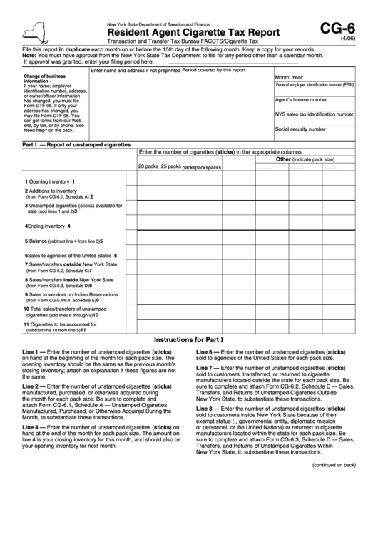 Form Cg-6 - Resident Agent Cigarette Tax Report Printable pdf