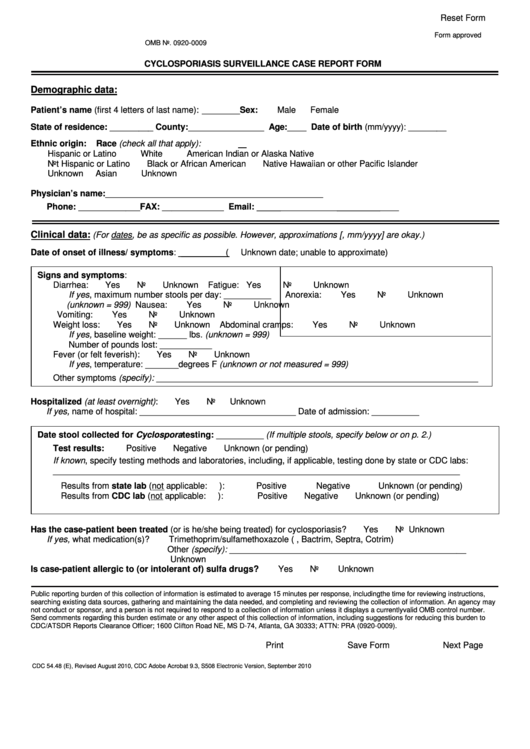 Fillable Form Cdc 54.48 - Cyclosporiasis Surveillance Case Report Form Printable pdf