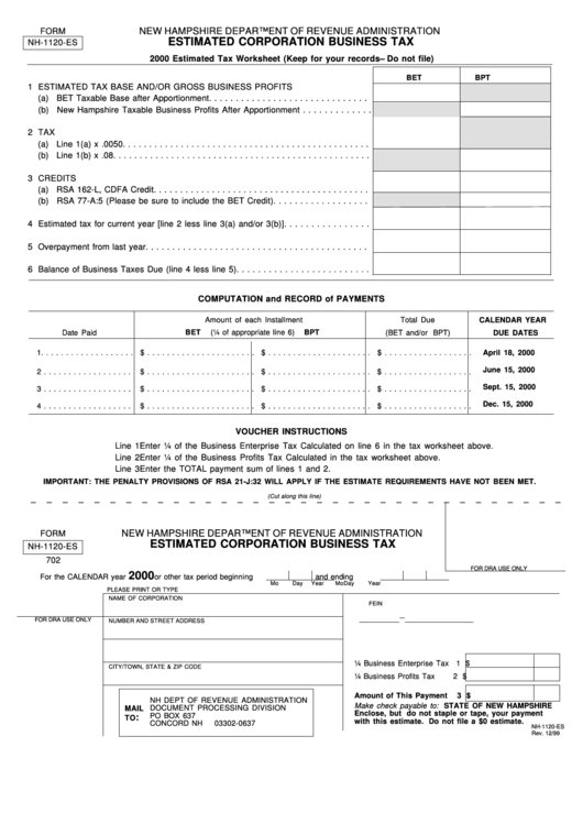 Form Nh-1120-Es - Estimated Corporation Business Tax Estimated Tax