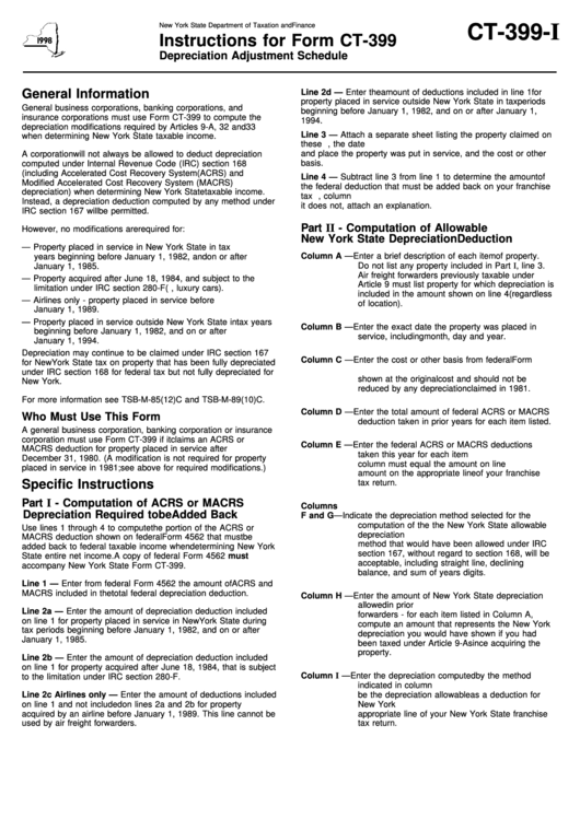 Instructions For Form Ct-399 - Depreciation Adjustment Schedule - New York State Department Of Taxation And Finance - 1998 Printable pdf