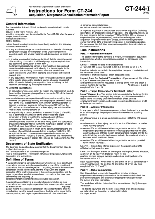 Instructions For Form Ct-244 - Acquisition, Merger And Consolidation Information Report - New York State Department Of Taxation And Finance Printable pdf