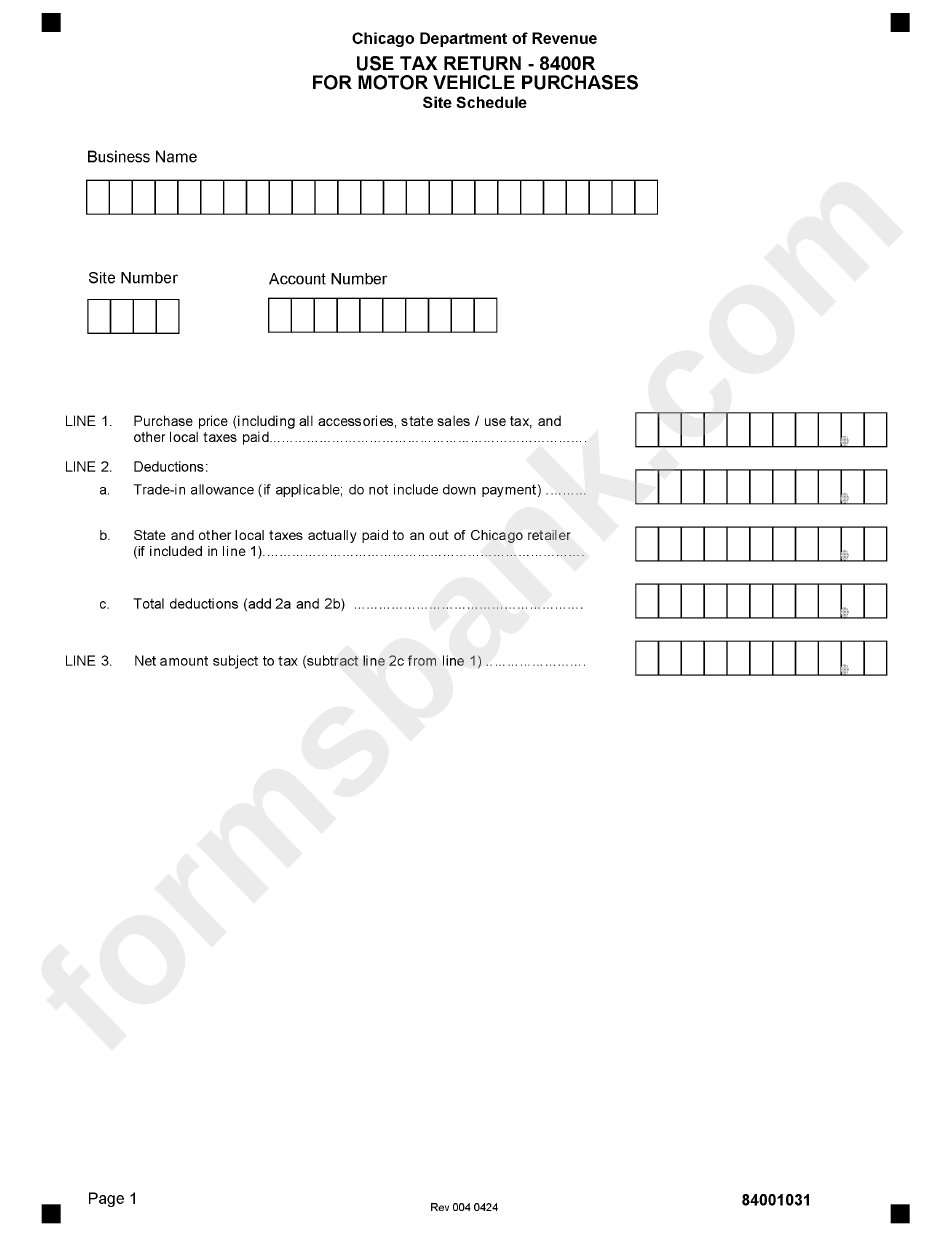 Form 84001031 - Use Tax Return - 8400r For Motor Vehicle Purchases - State Of Illinois