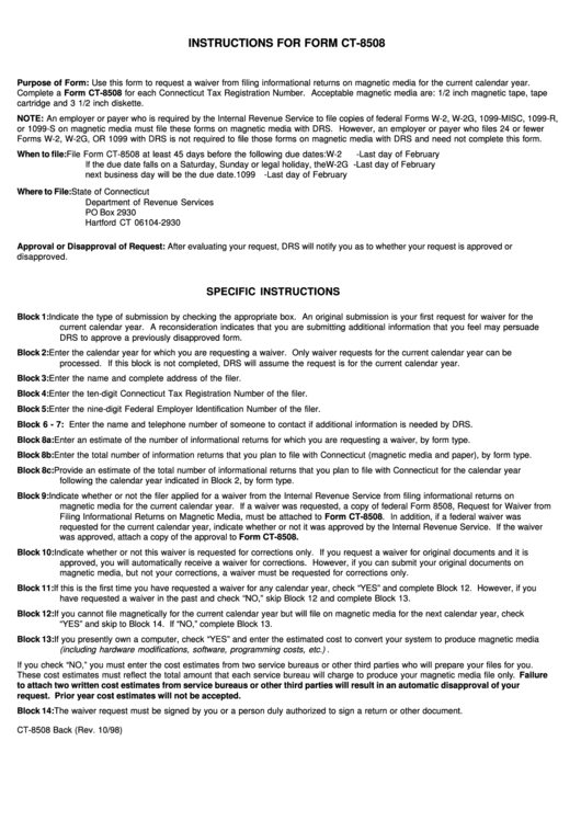 Instructions For Form Ct-8508 - Request For Waiver From Filing Informational Returns On Magnetic Media - State Of Connecticut Department Of Revenue Services Printable pdf