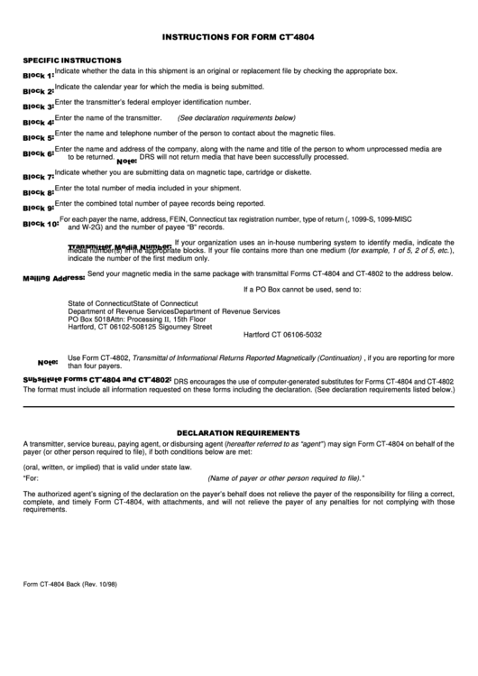 Instructions For Form Ct-4804 - Transmittal Of Informational Returns Reported Magnetically (Continuation) - State Of Connecticut Department Of Revenue Services Printable pdf