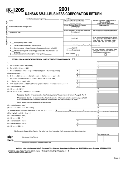 Form K-120s - Kansas Small Business Corporation Return - 2001 Printable pdf